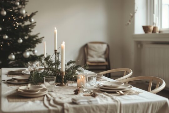 nordic Scandinavian dining area decorated with minimalist Christmas table setting, natural materials, simple tableware, centerpieces,  rustic green xmas decor with candles
