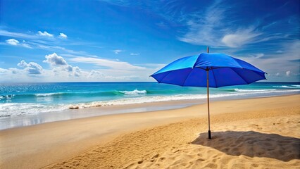 Fototapeta premium Blue umbrella on sandy beach with ocean in background, blue, umbrella, beach, sand, ocean, water, relaxation, tranquil