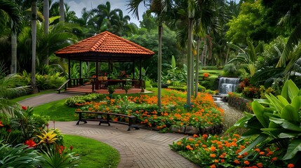 Obraz premium Tropical garden with exotic flowers and plants well-groomed img