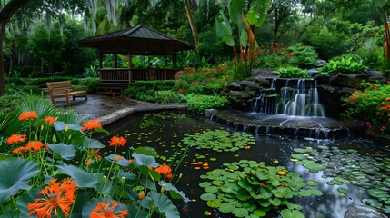 Fototapeta premium Tropical garden with exotic flowers and plants well-groomed picture