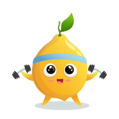 Vector illustration cartoon sports lemon. Cartoon character with dumbbells