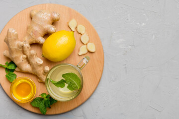 Natural cold and flu home remedies. Natural ingredients for immunity stimulation and viruses protection. top view flat lay