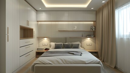 Corner bedroom with a minimalist design including picture