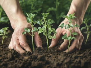 Close-Up of Hands Planting Herbs in Lush Garden Bed with Soil Texture and Seedlings Detail