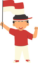 a boy holding Indonesian flag 