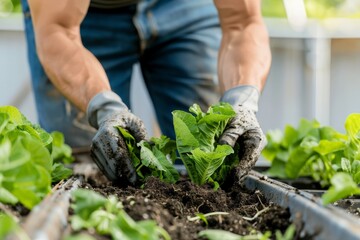 Fototapeta premium Green Gardening: Gardener Inspecting Compost Bin for Organic Waste and Sustainable Composting Practice