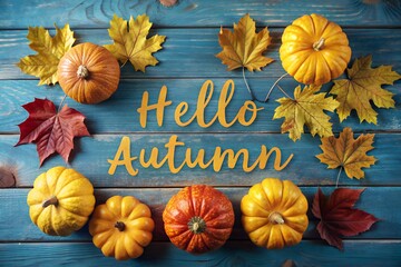 Hello autumn lettering with pumpkins and leaves on blue wooden background