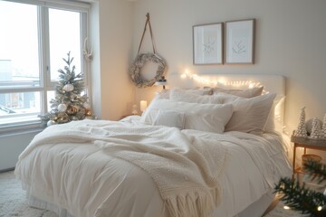 minimal christmas decor in nordicscandinavian bedroom with white soft cozy blankets on the bed,  lights and xmas tree	