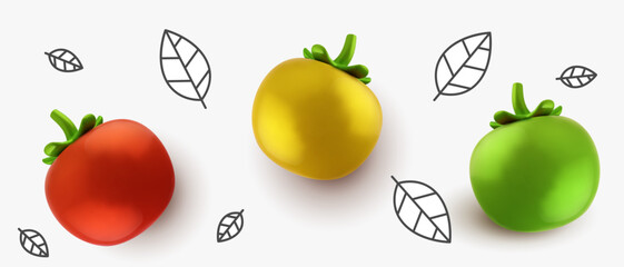 Three tomato in red, yellow and green color with drawing leaves on white background. Art collage for banner.