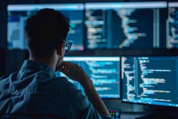 software tester troubleshooting issues or debugging code, minimalist computer screen or programming blue neon color, showcasing the analytical and problem-solving skills required in software testing