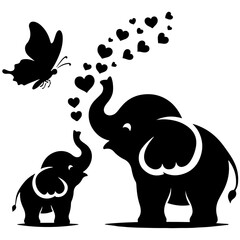 Cute elephant silhouette vector illustration set featuring playful and adorable designs with hearts and balloons, Perfect for creative and child-friendly design projects Adorable baby elephant