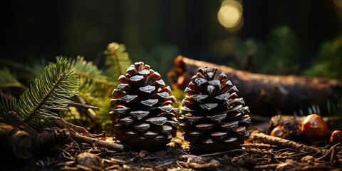 Obraz premium Few pinecones in the green forest at sunny day. Nature outdoor adventure vacation vibe background