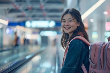 smiling young woman at the airport, looking happy before embarking on adventure