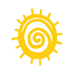 Cute doodle sun shine. Doodle sun sketch illustration. Hand drawn cute orange sun set. Scribble doodle children drawn style. Vector illustration