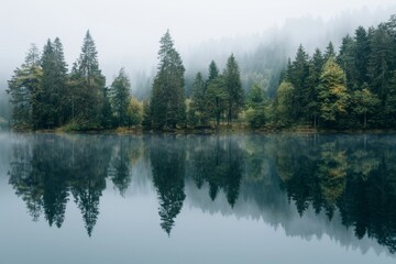 misty foggy Kinfolk minimalist landscape - trees reflected in calm forest lake, peaceful ambiance and reflective beauty of the natural surroundings, serenity and tranquility meditation backdrop