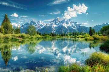 Fototapeta premium America Landscape: Grand Tetons Panorama with Reflection in Beautiful Lake