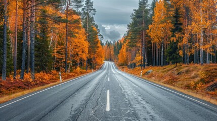 Fototapeta premium Autumn Road in Sweden. Scenic Highway Flanked by Forest Trees under the Autumn Sky