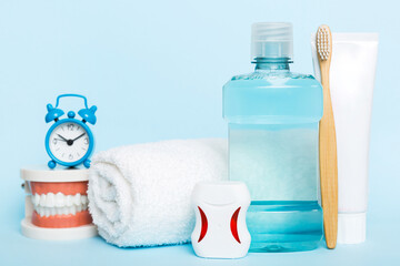 Mouthwash and other oral hygiene products on colored table top view with copy space. Flat lay. Dental hygiene. Oral care kit. Dentist concept