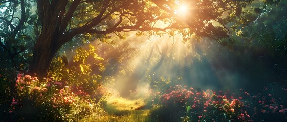 Obraz premium A beautiful and warm landscape with brilliant sunlight shining in a deep forest with large trees and small grass.