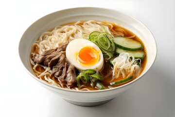 Hearty and appetizing noodles with boiled eggs, cucumbers, vegetables and stir-fried meat on white table