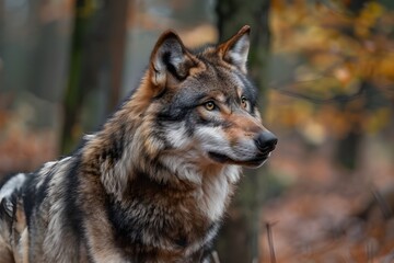 Fototapeta premium Lonely wild wolf watching warily in the winter forest