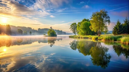 Tranquil landscape of a serene morning , sunrise, peaceful, calm, nature, outdoors, scenic, early, dawn, sky, clouds