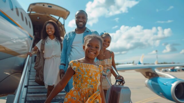 A family is seen deboarding an airplane at their destination, with smiles on their faces and luggage in hand. The parents are guiding their children down the steps, capturing the culmination of their