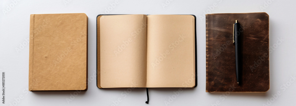 Poster flat lay top view empty mockup of three open brown notebook with pen on white background, minimalist