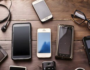Some mobile phones, a pair of glasses and earphones are on a wooden table. Concept of communication, technology, over-connectedness.