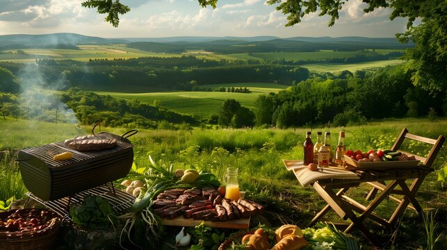 A hill overlooking green fields and forests picture