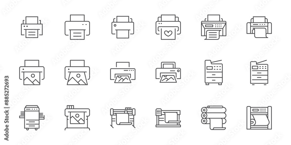 Fototapete printer line icon set. large format printing, plotter, scanner, cutting machine minimal vector illus