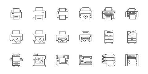 Printer line icon set. Large format printing, plotter, scanner, cutting machine minimal vector illustrations. Simple outline signs for printshop. Editable Stroke