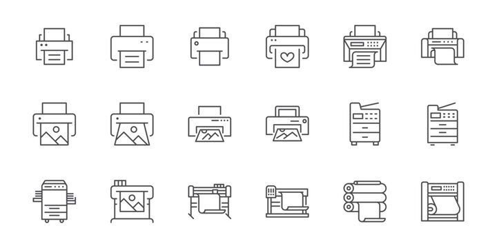 Printer line icon set. Large format printing, plotter, scanner, cutting machine minimal vector illustrations. Simple outline signs for printshop. Editable Stroke