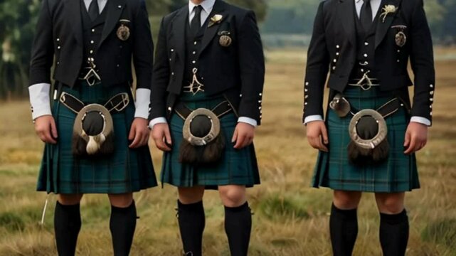 Three Men in Traditional Scottish Kilts and Jackets Standing in a Field