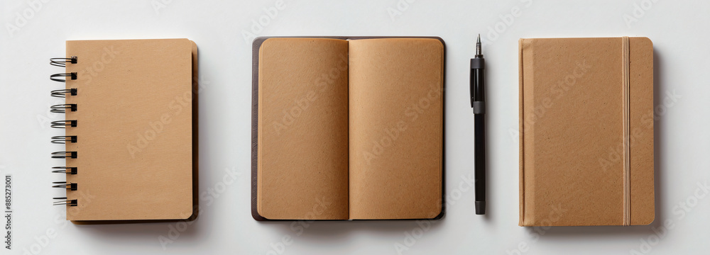 Poster flat lay top view empty mockup of three open brown notebook with pen on white background, minimalist
