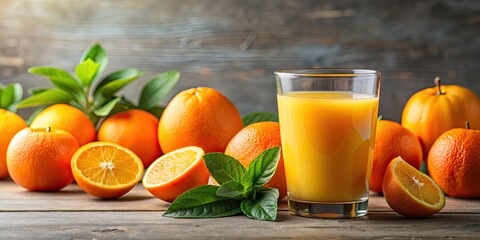 Freshly squeezed orange juice in a glass with ripe oranges , citrus, healthy, beverage, refreshing, vitamin C, fruit, breakfast
