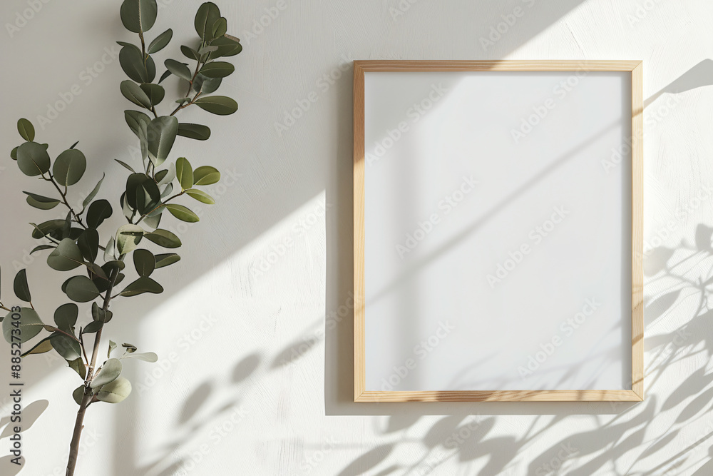 Poster photo of a vertical blank wooden frame mockup on a white background, in a top view. web banner with 
