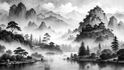 Traditional Chinese ink painting depicting mountains, rivers, and trees in black and white , art, brushstroke, landscape