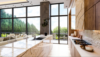 Interior of modern kitchen and living room with large windows