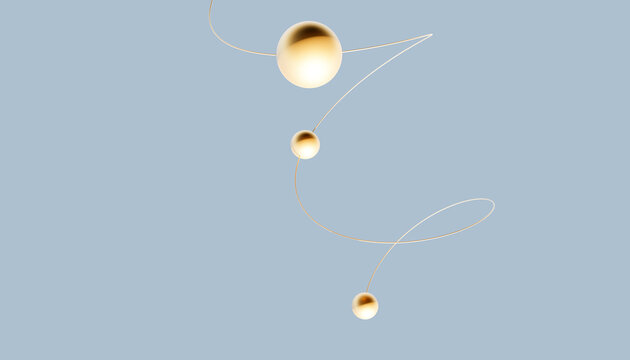 3D render of gold colored balls following trajectory against gray background