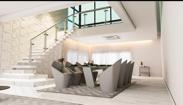 Interior of living room in two-story house