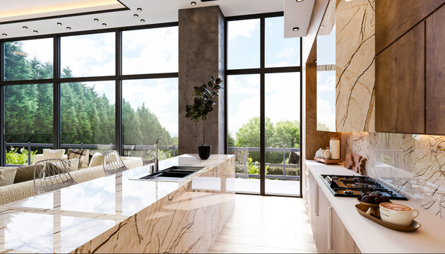 Interior of modern kitchen and living room with large windows