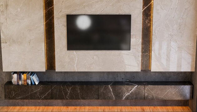Screen of television mounted on wall in modern living room