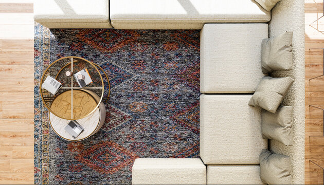 Sofa on patterned carpet in modern living room