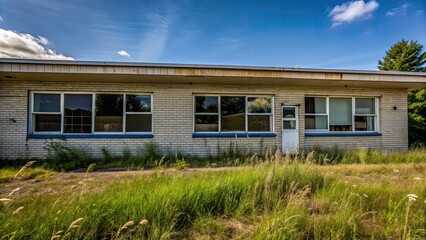 Abandoned community centre in rural Alberta with overgrown grass and broken windows, Abandoned, community centre, Garden Plain