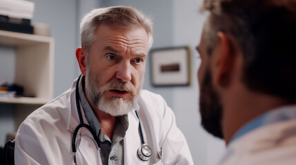 The doctor is examining the patient with documents and showing x-ray images.Doctors have a meeting about a patient's case. Use the touch screeing to check the patient's health.