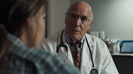 The doctor is examining the patient with documents and showing x-ray images.Doctors have a meeting about a patient's case. Use the touch screeing to check the patient's health.