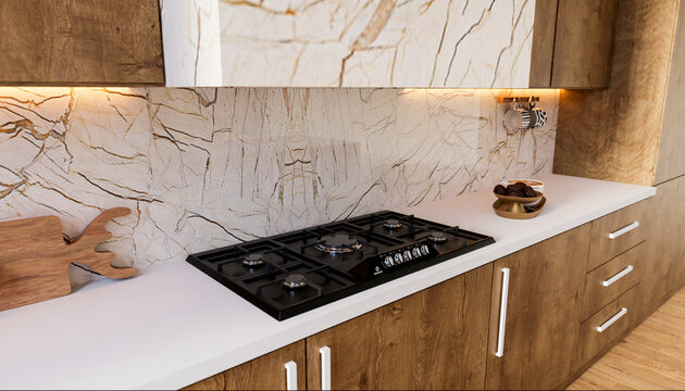 Gas range fixed on kitchen counter in modern home