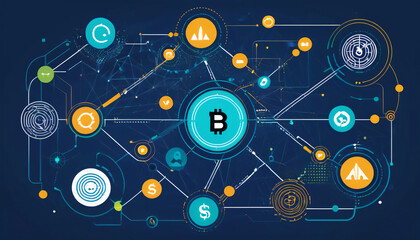 Abstract design featuring elements like smart contracts, decentralized applications (dApps), and liquidity pools. Illustrates the decentralized nature of financial services using blockchain technology