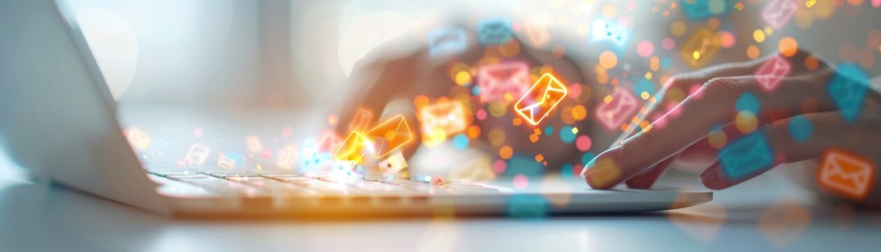 Creating a newsletter with regular updates and subscription themes selective focus, focus on content delivery, vibrant, overlay, editorial office backdrop